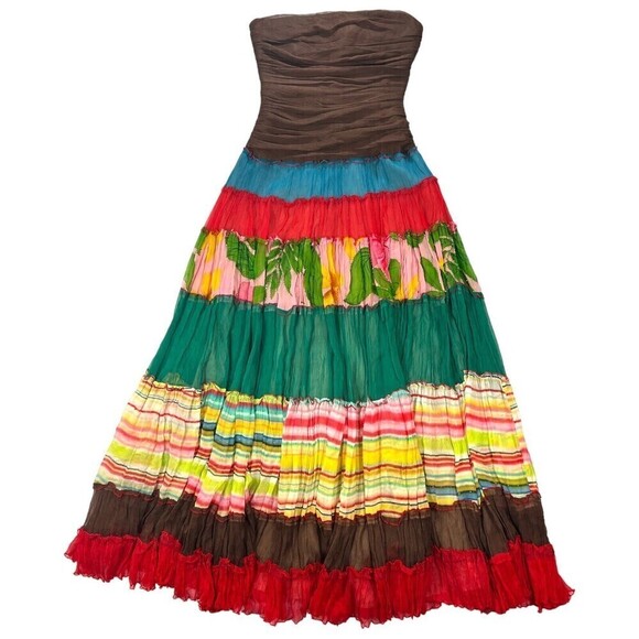 BCBGMAXAZRIA Hobo Silk Maxi Floral Multi-layer Patchwork Crinkle Dress Size 4‎ - Picture 1 of 13